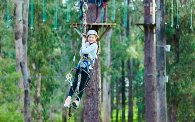 Child on high ropes course in Busselton forest adventure park.