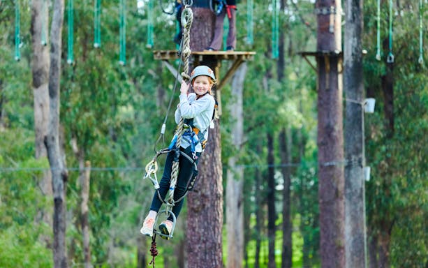 Child on high ropes course in Busselton forest adventure park.