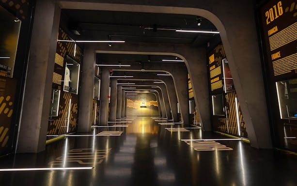 Interiors of the Home of Football Museum in Madrid showcasing historical football memorabilia.