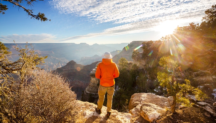 Hikers on a trail overlooking the vast landscape of the Grand Canyon, Arizona.