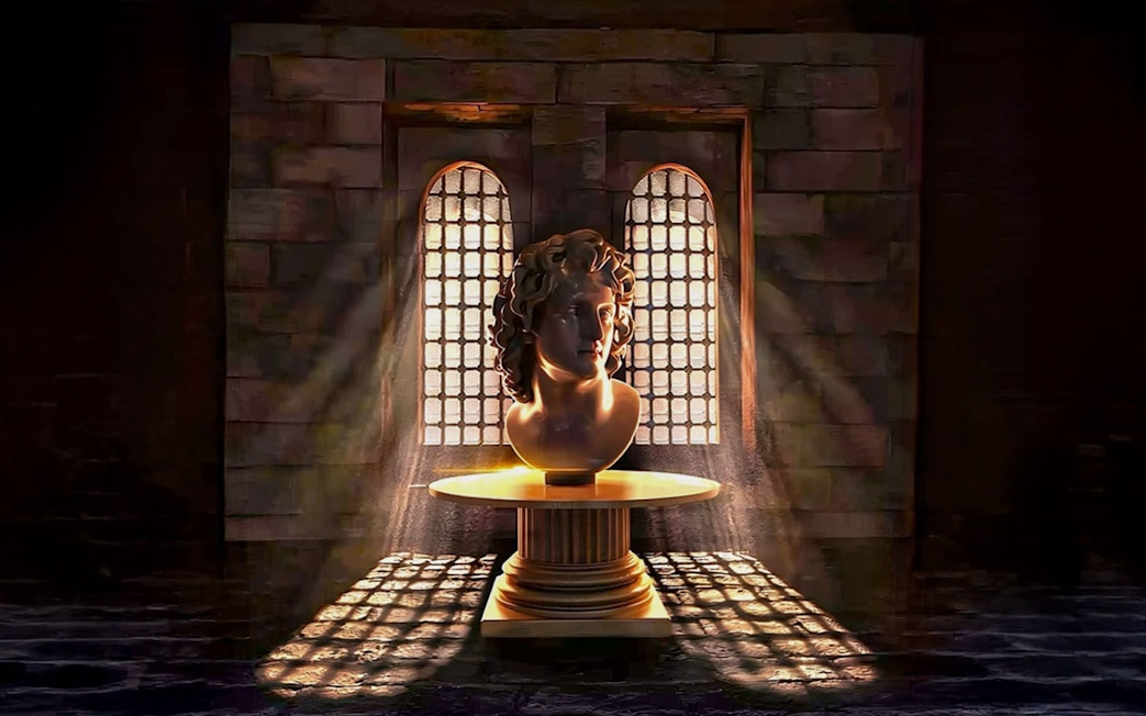 Bust sculpture illuminated by sunlight inside Qaitbay Citadel, Alexandria.