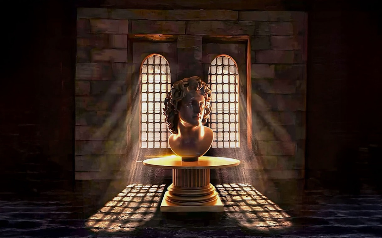 Bust sculpture illuminated by sunlight inside Qaitbay Citadel, Alexandria.