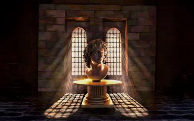 Bust sculpture illuminated by sunlight inside Qaitbay Citadel, Alexandria.