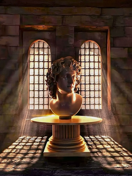 Bust sculpture illuminated by sunlight inside Qaitbay Citadel, Alexandria.