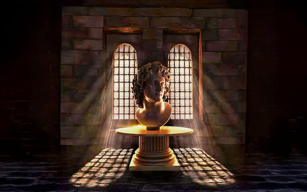 Bust sculpture illuminated by sunlight inside Qaitbay Citadel, Alexandria.