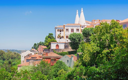 National Sintra Palace with iconic chimneys surrounded by lush greenery in Sintra, Portugal.