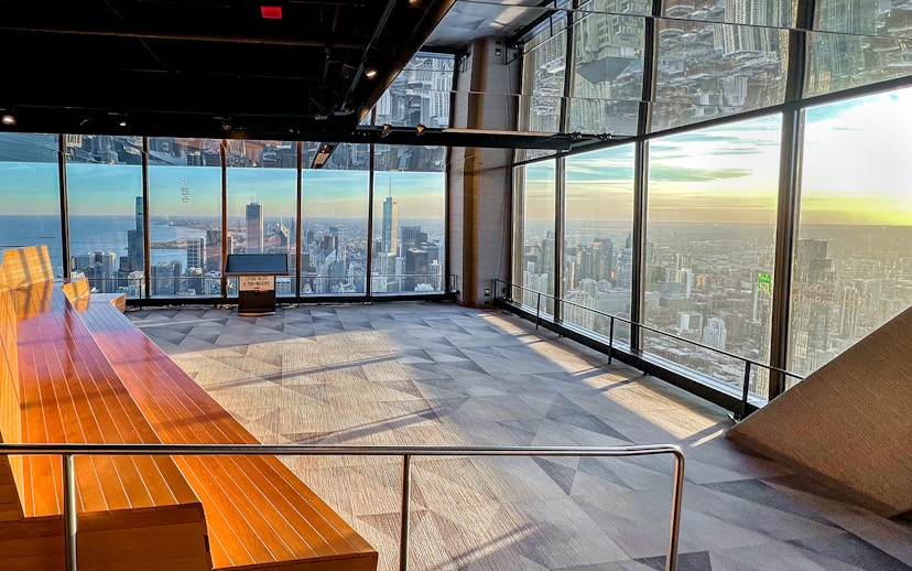 Chicago skyline from 360 Observation Deck with lake and skyscrapers in view.