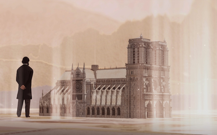 Notre-Dame Cathedral VR model with a person observing in a virtual experience.