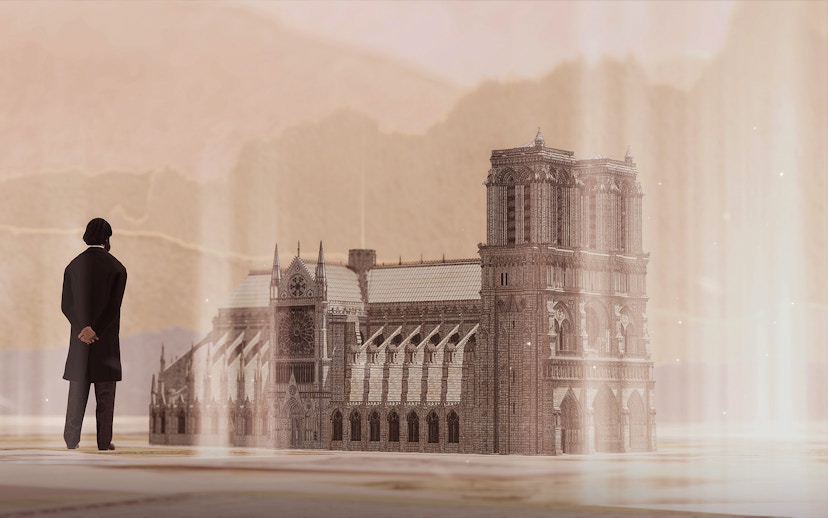 Notre-Dame Cathedral VR model with a person observing in a virtual experience.