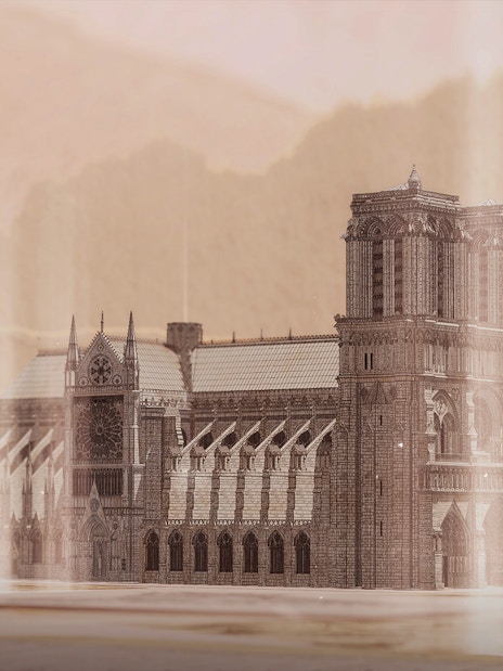 Notre-Dame Cathedral VR model with a person observing in a virtual experience.