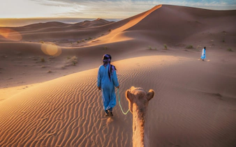 Person leading camel across Sahara Desert dunes at sunrise, Morocco.