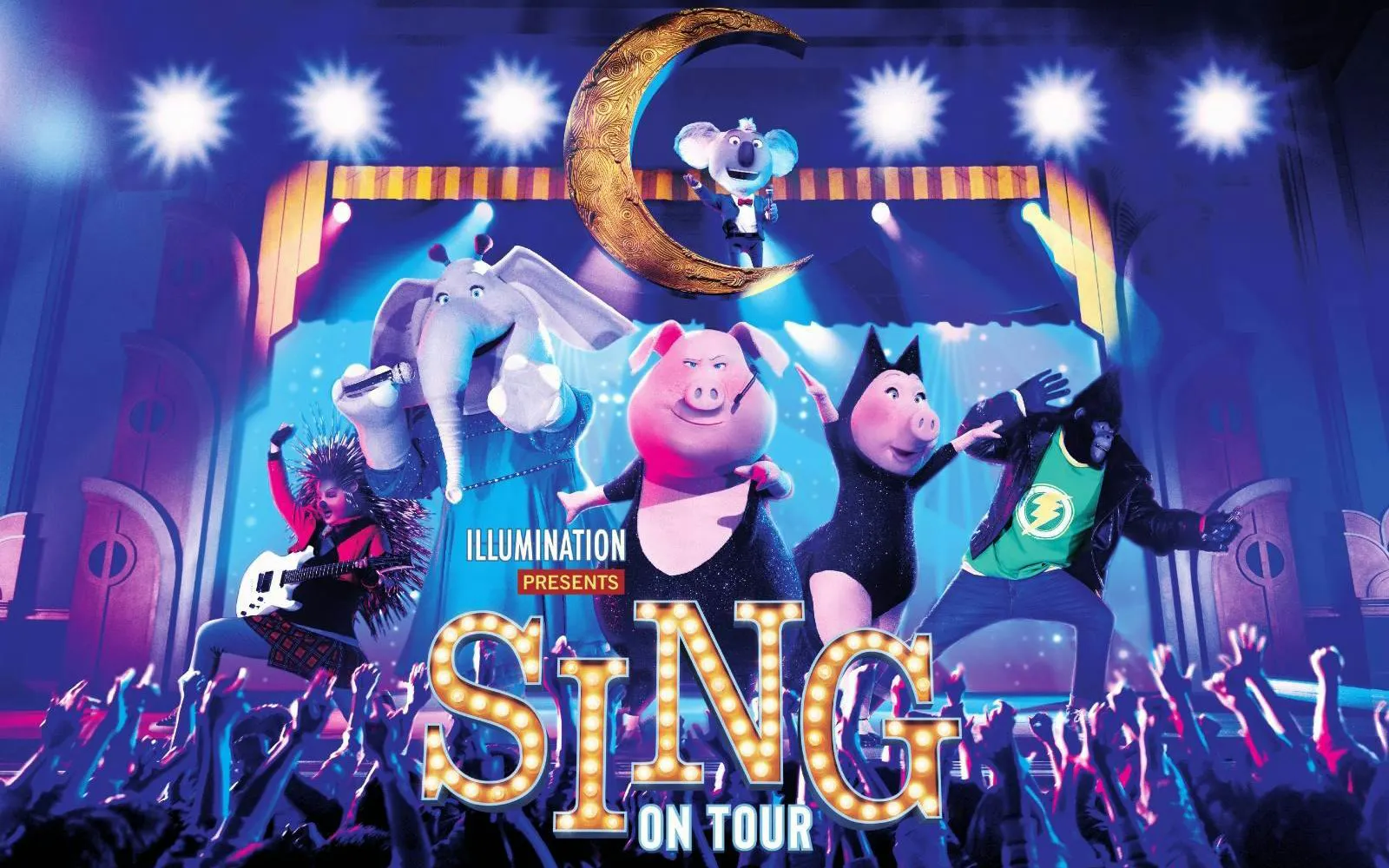 Live-action characters from Illumination's Sing perform on stage at Universal Studios Japan.