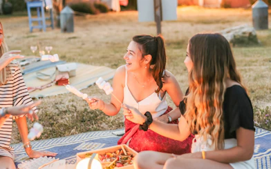 People enjoying marshmallows on a picnic during Lavender Tours in Terre Ugo, Provence.
