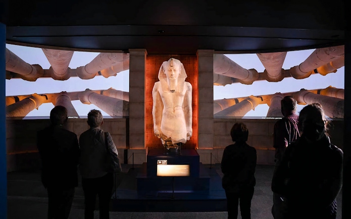 Statue of Ramesses II at "Ramses the Great and the Gold of the Pharaohs" exhibition.