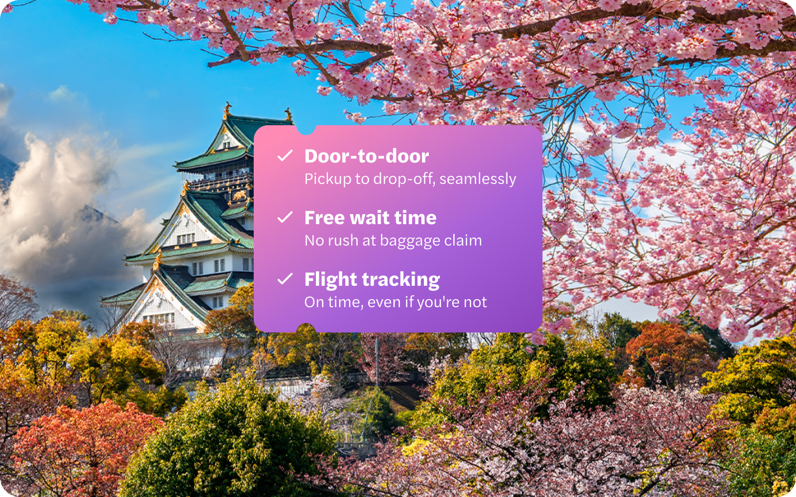 Kansai Airport transfer service with Osaka Castle and cherry blossoms in view.