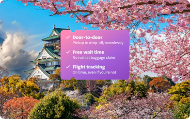 Kansai Airport transfer service with Osaka Castle and cherry blossoms in view.