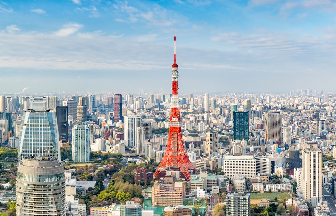 Tokyo Tower view from a bus tour with cityscape and cherry blossoms in the foreground.