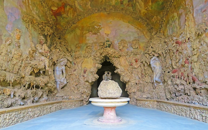 Grotta del Buontalenti interior with intricate sculptures, Boboli Gardens, Florence.