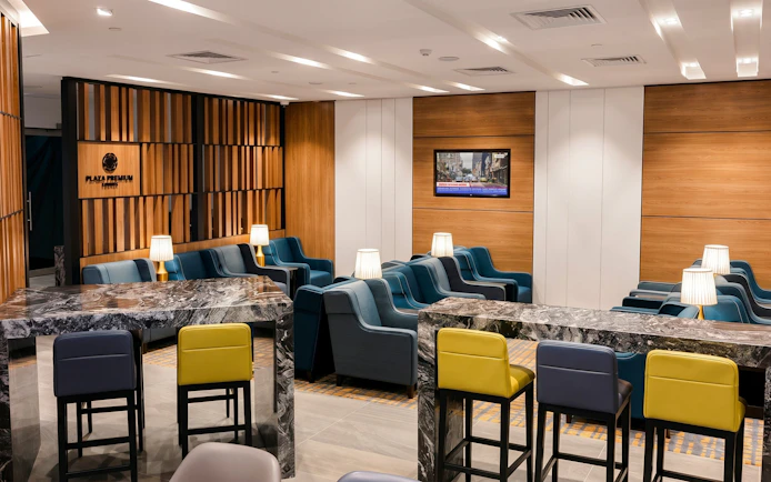 Seating area in Plaza Premium Lounge, Terminal 3, Toronto Pearson Airport.