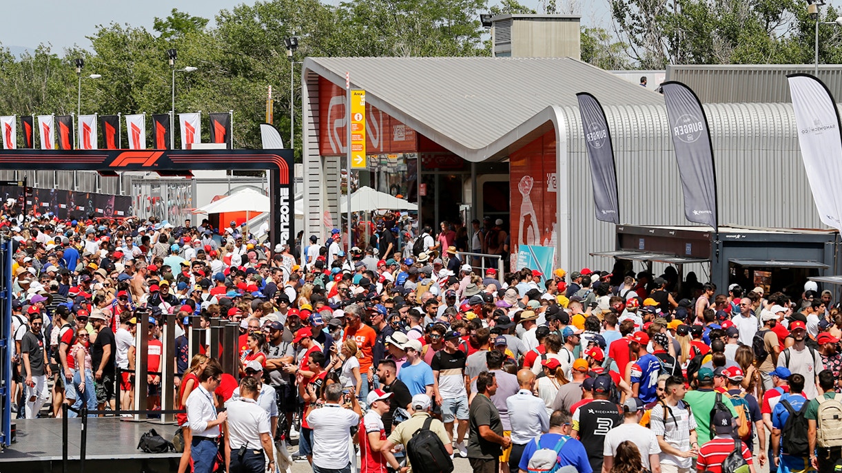 Fans cheering at Formula 1 race in Barcelona, Spain.