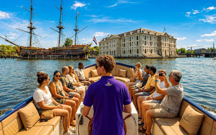 Open boat with tourists cruising past Amsterdam's Maritime Museum and historic ship.