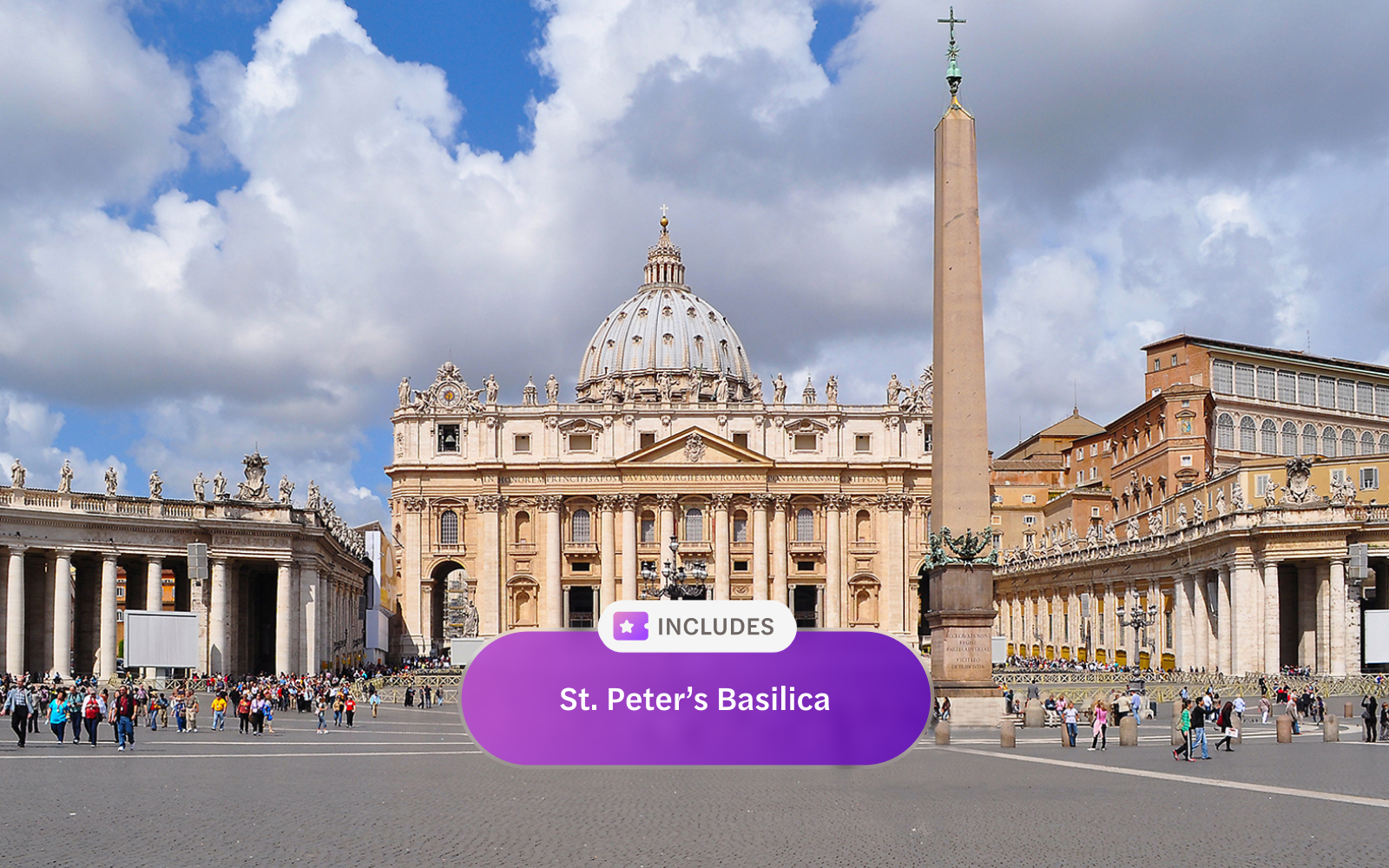 St. Peter's Basilica with obelisk in Vatican City, part of Roma Pass attractions.