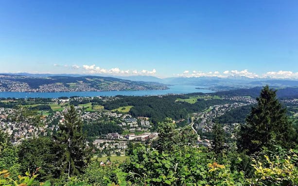 Aerial view of Lake Zurich and surrounding landscape from Felsenegg cable car.