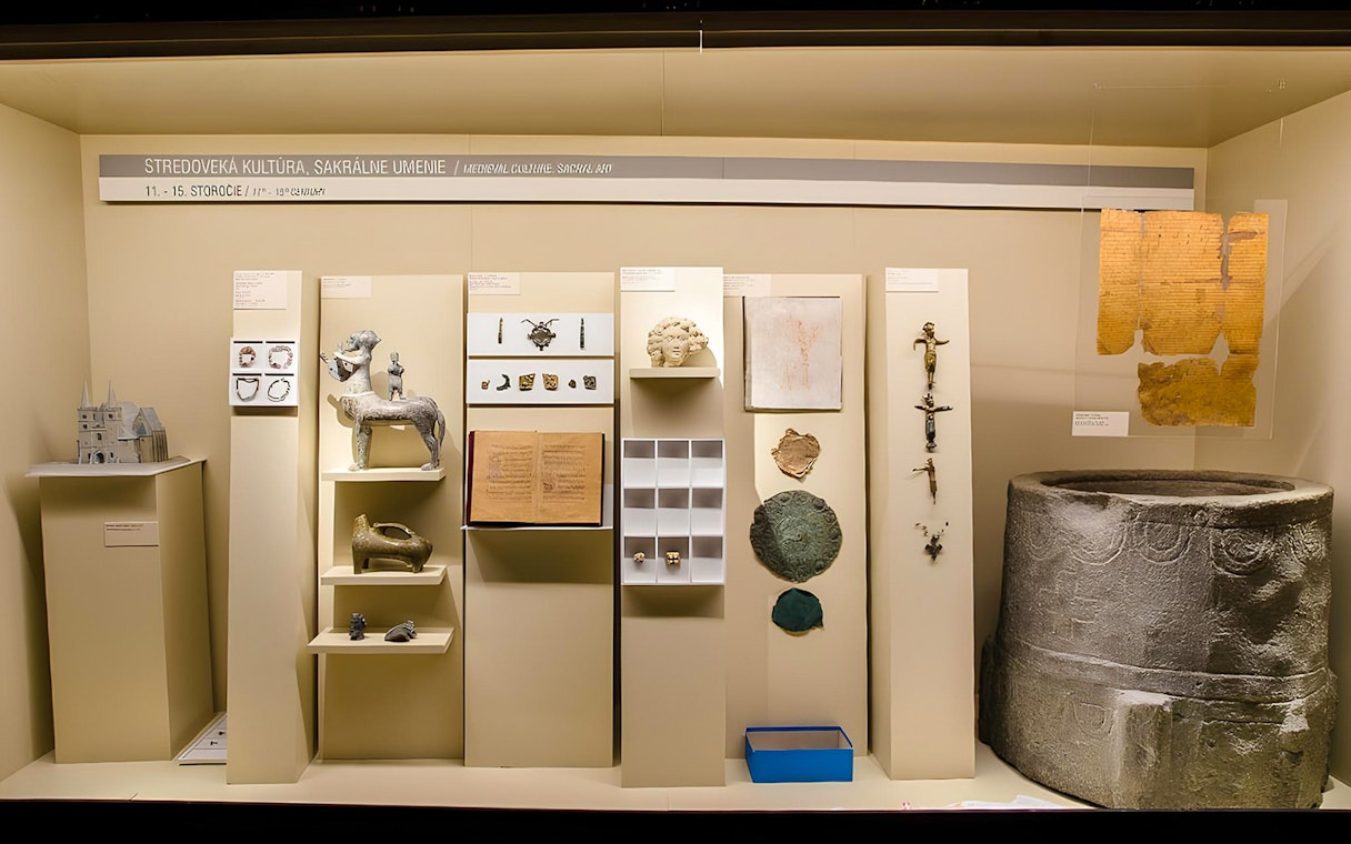 Medieval artifacts display inside Bratislava Castle, featuring sculptures, manuscripts, and relics.