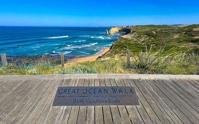Great Ocean Walk sign overlooking coastline on Great Ocean Road, Victoria.