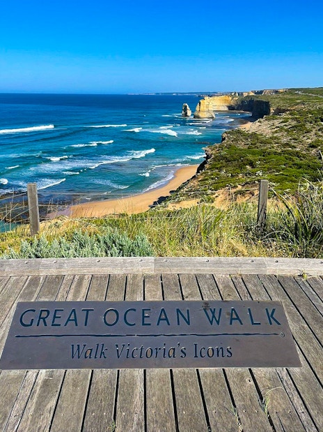 Great Ocean Walk sign overlooking coastline on Great Ocean Road, Victoria.