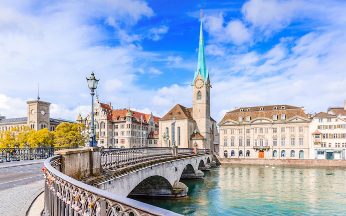 Zürich's Fraumünster Church and bridge over the Limmat River on a city tour.