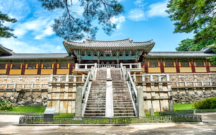 Bulguksa Temple entrance in Gyeongju, South Korea, part of UNESCO World Heritage Tour.