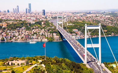 Bosphorus Bridge spanning the waterway in Istanbul with cityscape in the background.