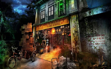 Haunted antique shop facade at Halloween Horror Nights 14, Universal Studios Singapore.