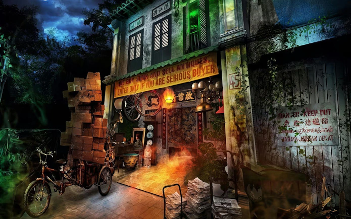 Haunted antique shop facade at Halloween Horror Nights 14, Universal Studios Singapore.