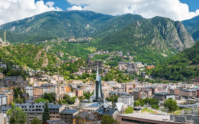 Andorra la Vella cityscape with mountains, part of Andorra and France from Barcelona one day tour.