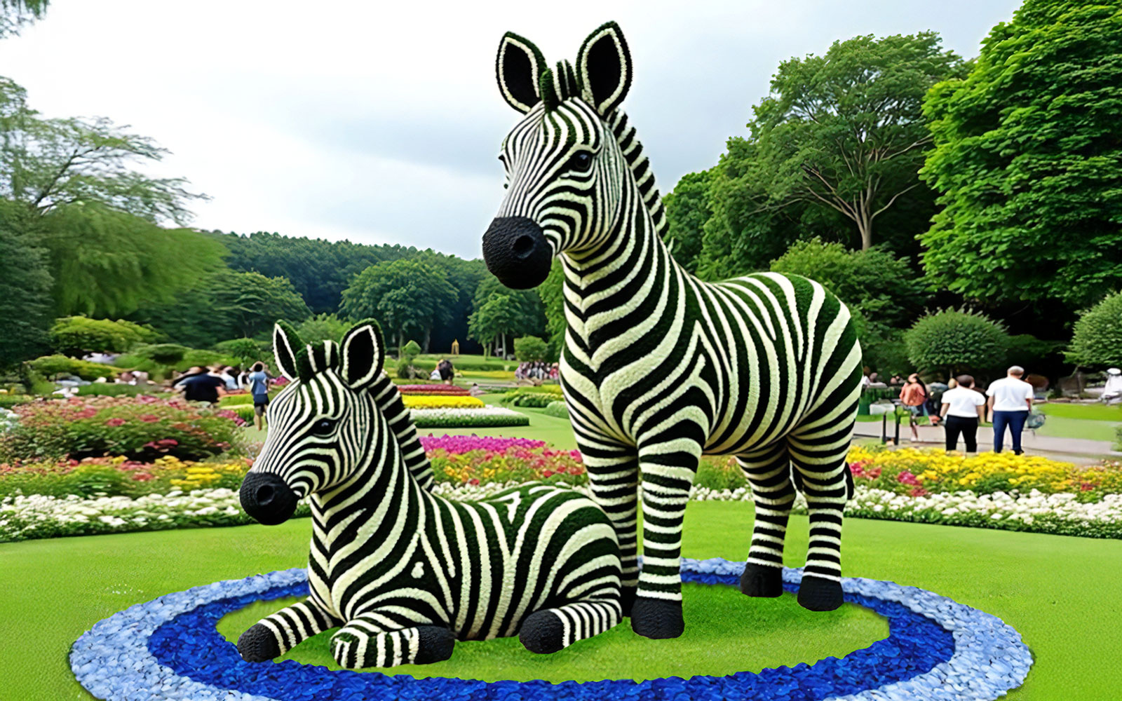 Floral zebra sculptures at Dubai Garden Glow surrounded by colorful flowers.