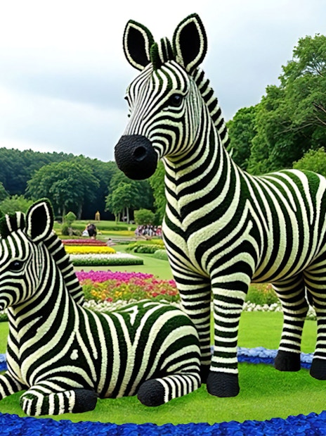 Floral zebra sculptures at Dubai Garden Glow surrounded by colorful flowers.