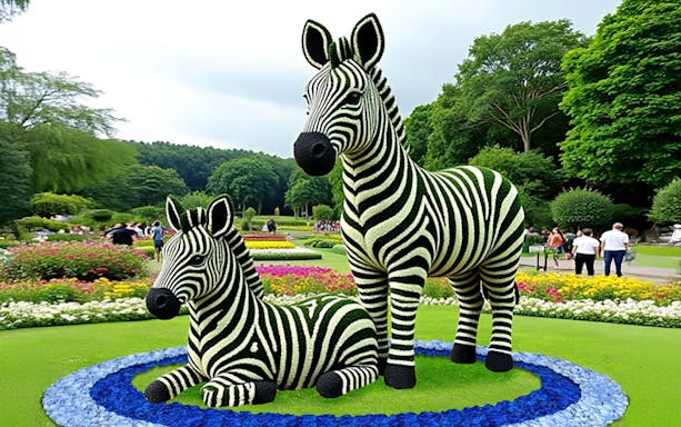 Floral zebra sculptures at Dubai Garden Glow surrounded by colorful flowers.