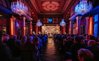 Audience attending a classical concert in a Vienna concert hall with chandeliers.