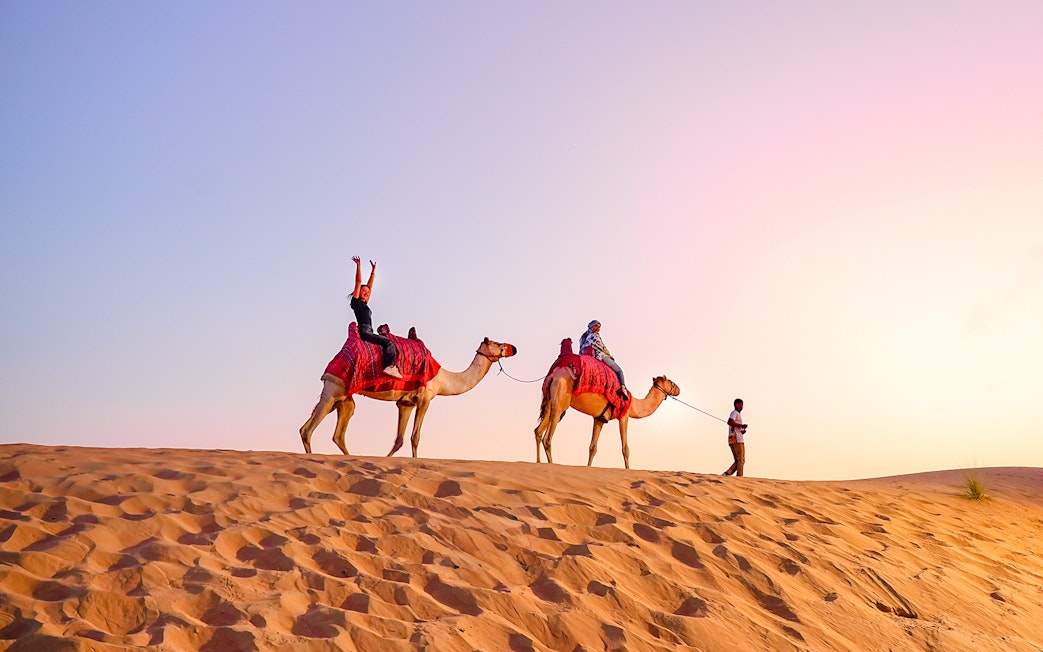 Camel ride during evening desert safari with tourists in the sand dunes.