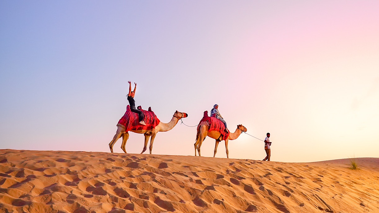 Camel ride during evening desert safari with tourists in the sand dunes.