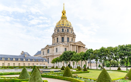 Invalides dome and gardens in Paris, site of Napoleon's Tomb and Army Museum.