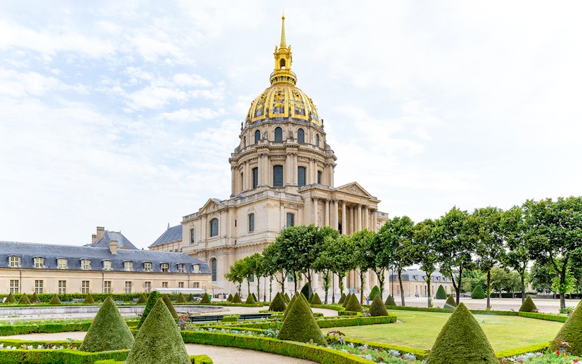 Invalides dome and gardens in Paris, site of Napoleon's Tomb and Army Museum.