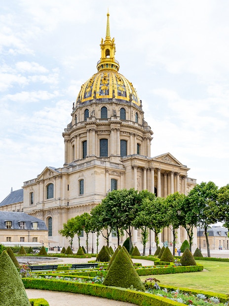 Invalides dome and gardens in Paris, site of Napoleon's Tomb and Army Museum.