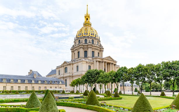 Invalides dome and gardens in Paris, site of Napoleon's Tomb and Army Museum.