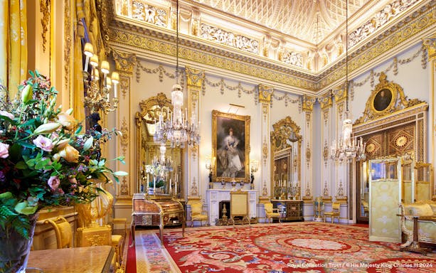 Buckingham Palace State Rooms with ornate chandeliers and gilded decor.
