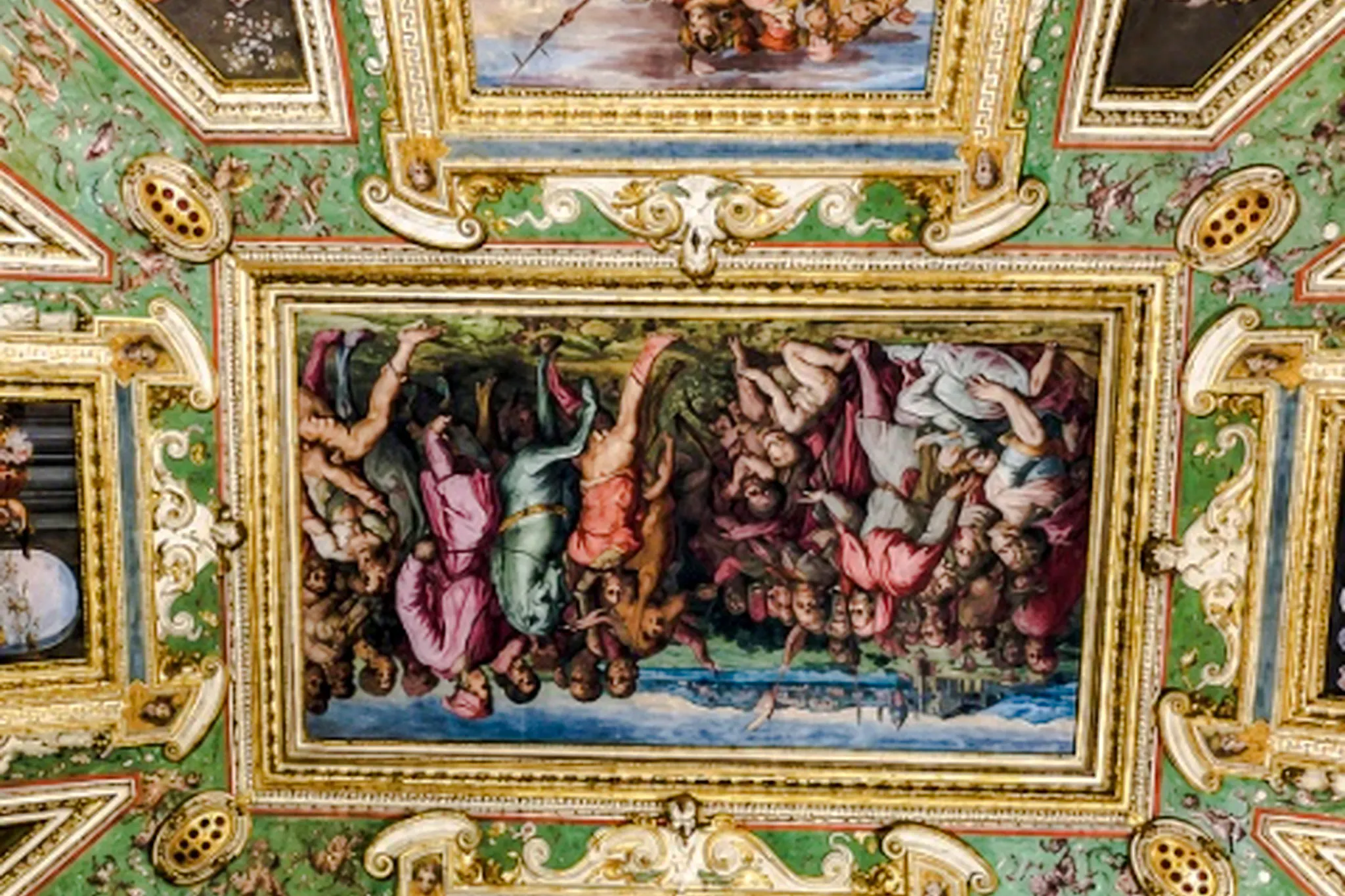 Ceiling fresco in Palazzo Vecchio depicting historical scene, part of Medici Power Story tour, Rome.