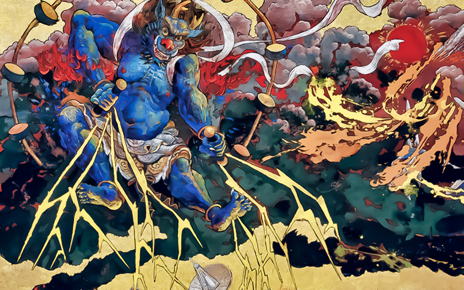 Mythical blue creature in vibrant Osaka museum artwork.