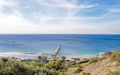San Diego coastline with pier extending into the ocean, view from hillside.